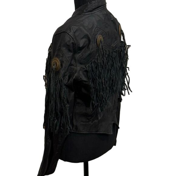Vintage 70s Pioneer Wear Black Leather Fringe Western Jacket Size 12/ MEDIUM - Picture 5 of 16